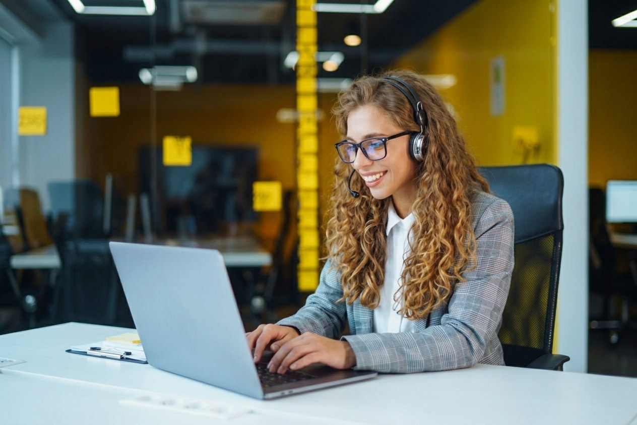 Call agent in a headset smiling while working at a laptop