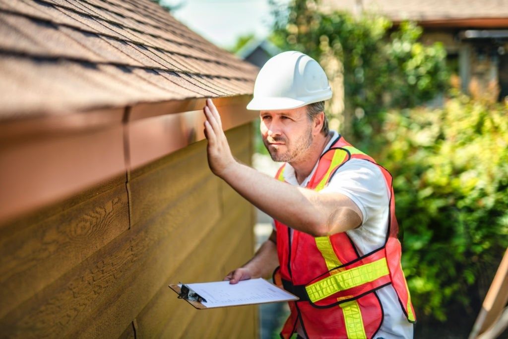Roofing contractor inspecting the eaves and gutter line of a suburban home